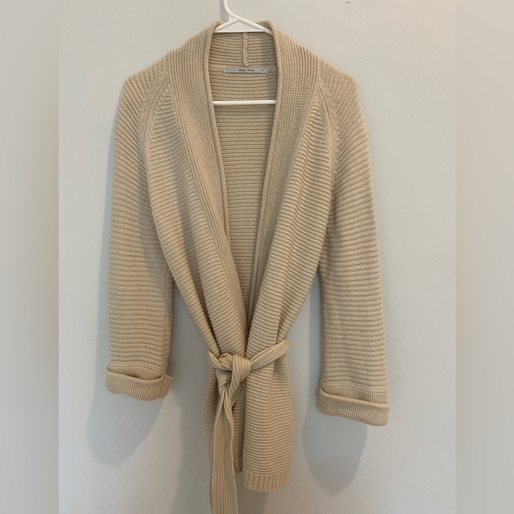 Beige Ribbed Shawl Collar Belted Cardigan Sweater